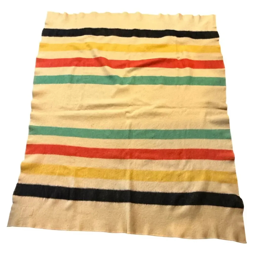 Vintage 60s JC Penny Polar Star Golden Dawn 100% Wool Striped Blanket Full Throw